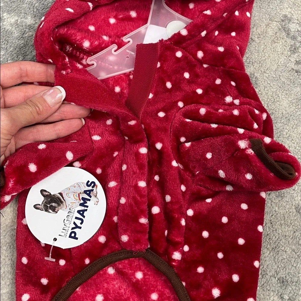 NWT LuvGear Red Polka Dot Reindeer Fleece Dog Pajamas Holiday Christmas Sz M